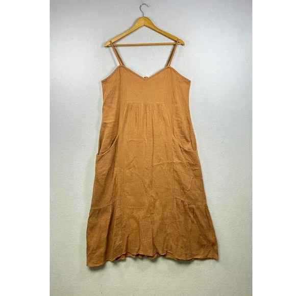 Davi & Dani Cotton Gauze Dress Womens Large Orange Boho Midi Pockets Lagen Look - Picture 1 of 9